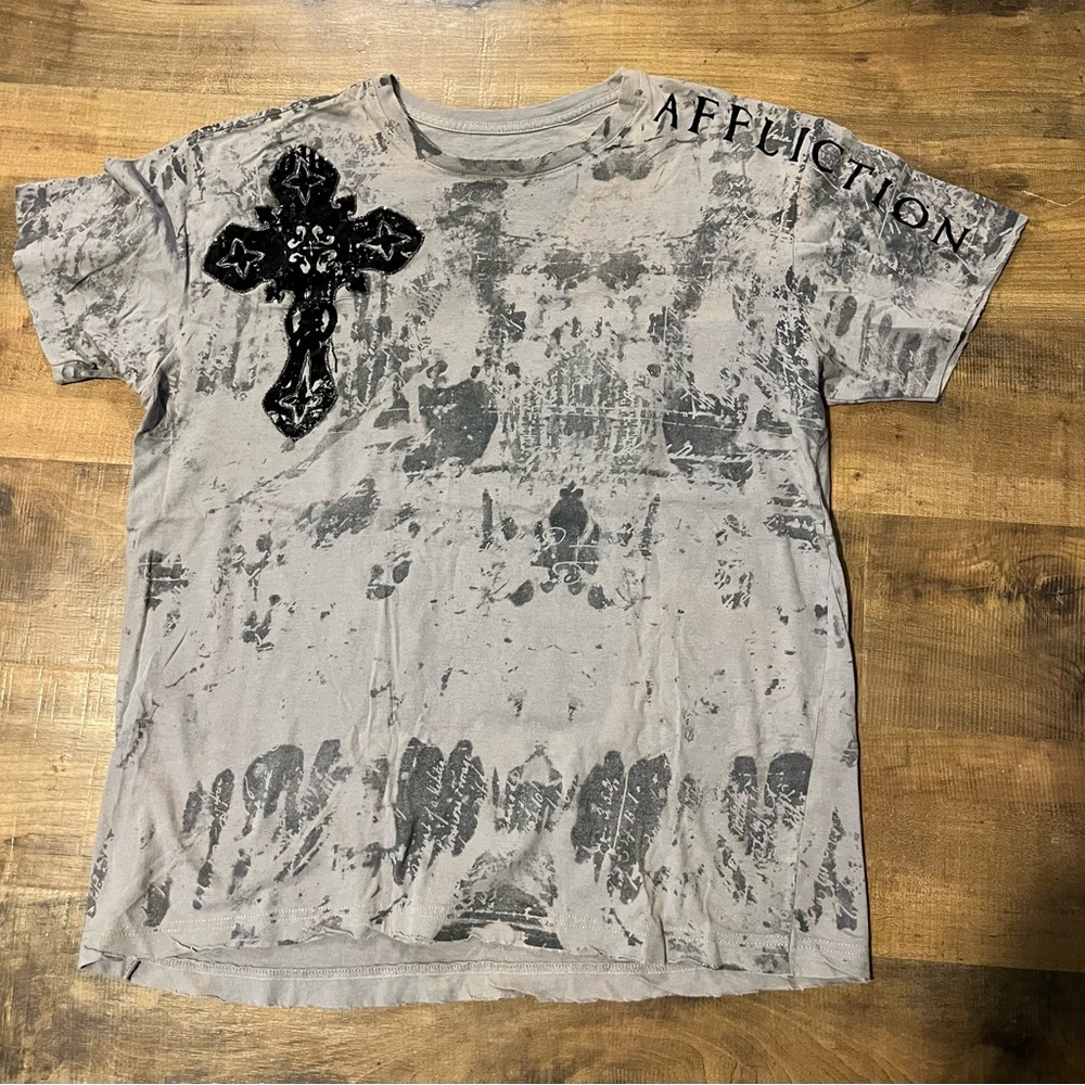 Rare Vintage Affliction Gray Graphic Short Sleeve T-Shirt for Men Size Large